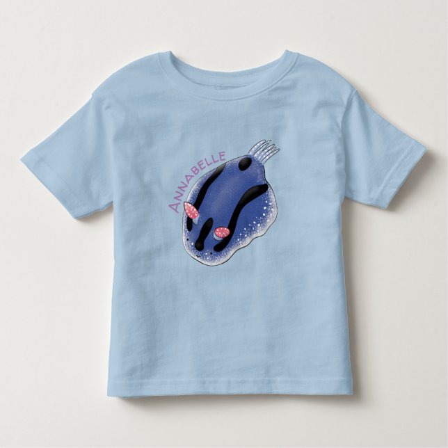 Camiseta Imagem de desenho animado azul-nudibranch bonito (Frente)