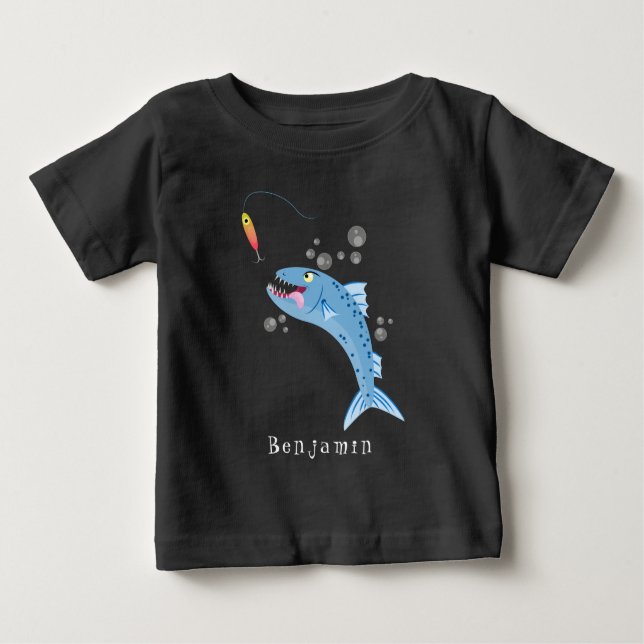 Camiseta Imagem de desenho animado de pesca com fome de pei (Frente)