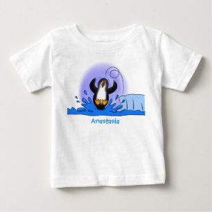 Camiseta Imagem de desenho animado de pinguim de salto feli