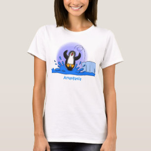 Camiseta Imagem de desenho animado de pinguim de salto feli