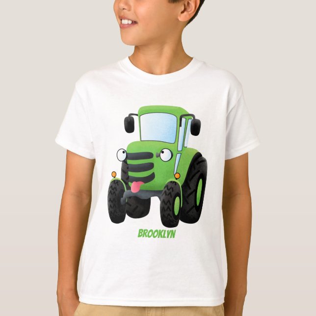 Camiseta Imagem de desenho animado de trator fazenda verde- (Frente)