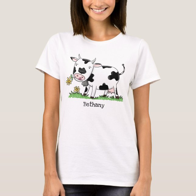 Camiseta Imagem de desenho animado de uma vaca em verde (Frente)
