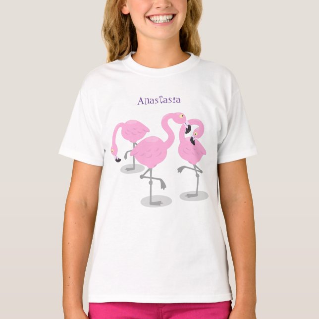 Camiseta Imagem de desenho animado rosa-claro flamingo trio (Frente)