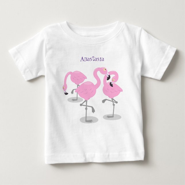 Camiseta Imagem de desenho animado rosa-claro flamingo trio (Frente)