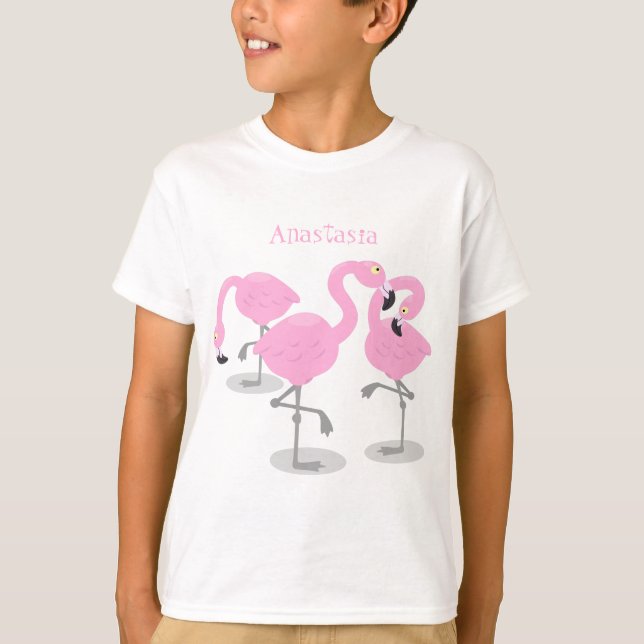 Camiseta Imagem de desenho animado rosa-claro flamingo trio (Frente)