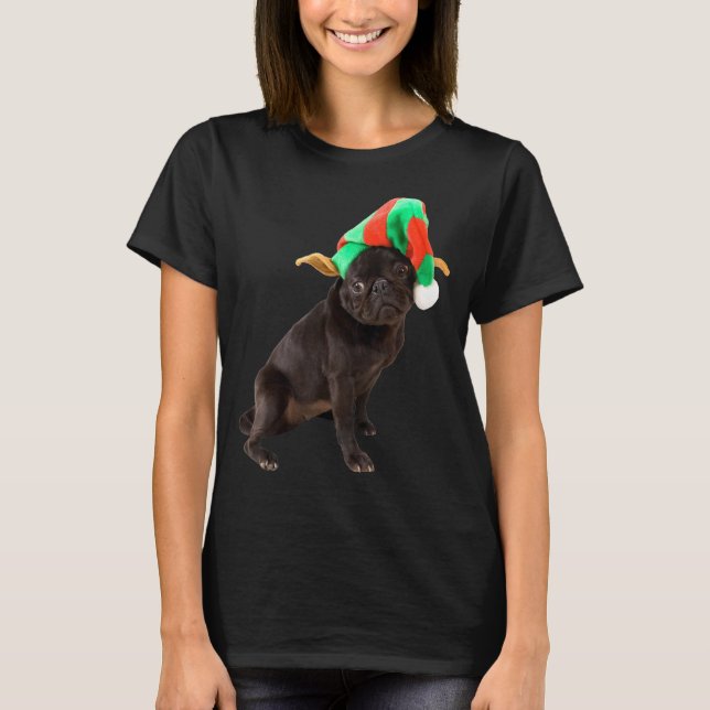 Camiseta Imagem de Natal de Cachorrinho Pug Preto Fofo com  (Frente)