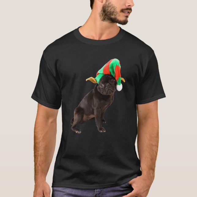 Camiseta Imagem de Natal de Cachorrinho Pug Preto Fofo com  (Frente)