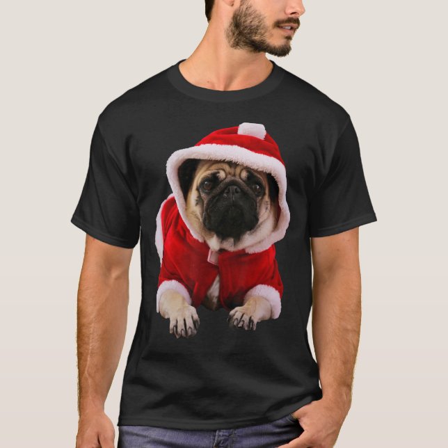 Camiseta Imagem de Natal de Pug Marrom Fofo com Chapéu de P (Frente)