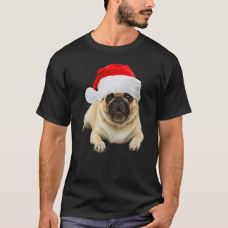 Camiseta Imagem de Pug Fofa com Chapéu de Papai Noel Cachor