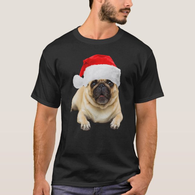 Camiseta Imagem de Pug Fofa com Chapéu de Papai Noel Cachor (Frente)