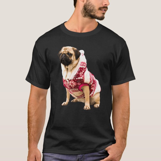 Camiseta Imagem de Pug Marrom Claro com Chapéu de Papai Noe (Frente)