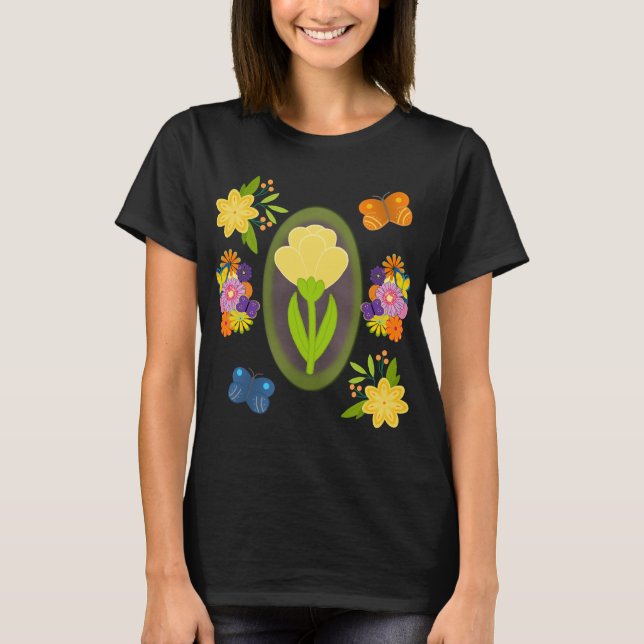 Camiseta Imagem de Tulipa Amarela com Flores e Borboletas (Frente)