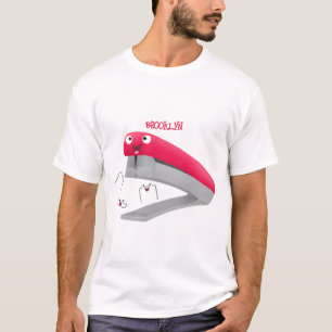 Camiseta Imagem do desenho animado vermelho-feliz grampeado