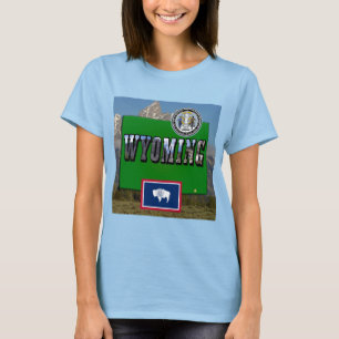 Camiseta Imagem e texto em Wyoming, Mapa, Sinalizador e Sel