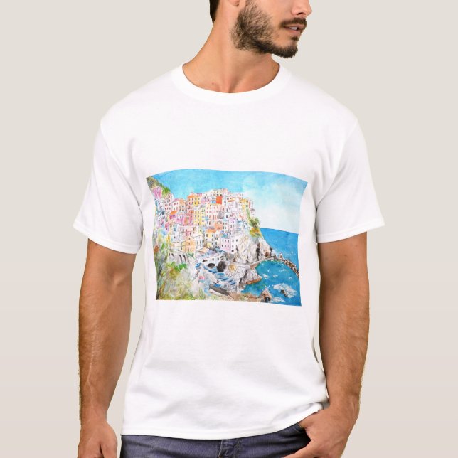 Camiseta Impressão a aquarela de Cinque Terre (Frente)