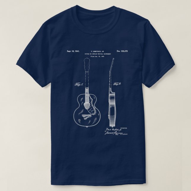 Camiseta Impressão Acústica de Violão Patente al Guitar Art (Frente do Design)