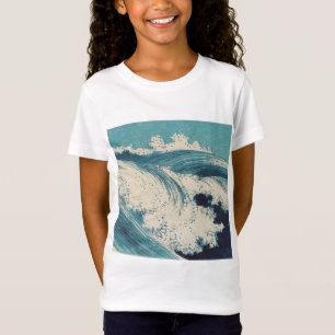 Camiseta Impressão Antiga de Ondas do Oceano Azul em Xilogr