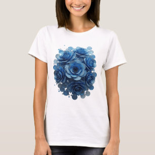 Camiseta Impressão Artística de ROSAS AZUIS em Azul