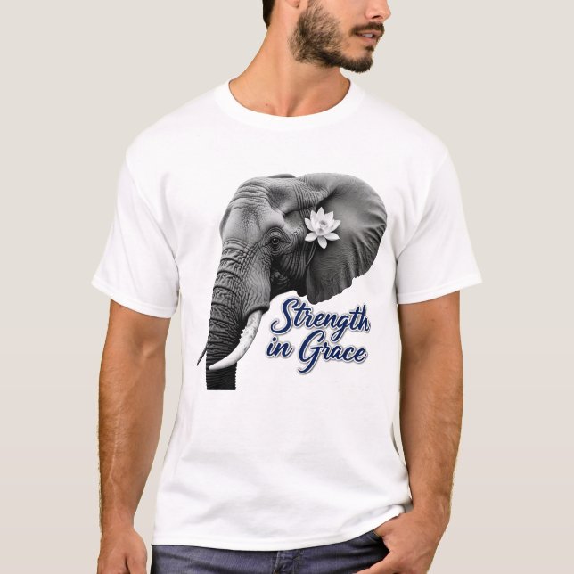 Camiseta Impressão Artística do Elefante Lótus Força na Gra (Frente)