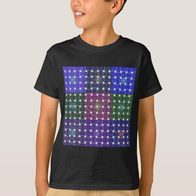 Camiseta Impressão de Arte Azul e Roxo Verificado (Frente)