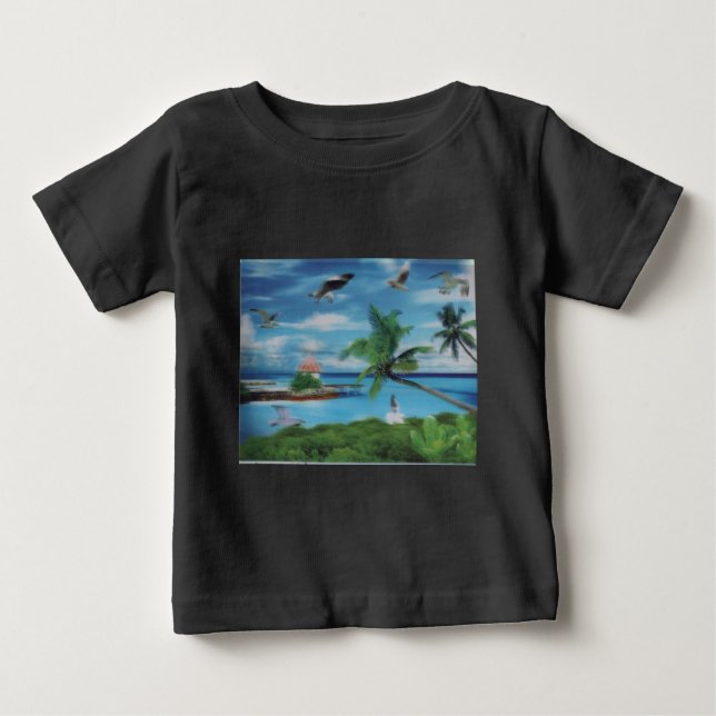Camiseta Impressão de Arte de Cena de Praia Tropical (Frente)