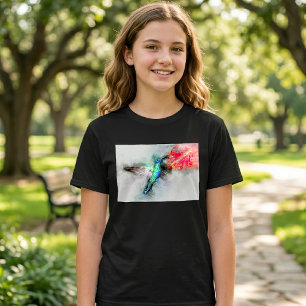 Camiseta Impressão de Arte Floral em Aquarela de Beija-flor