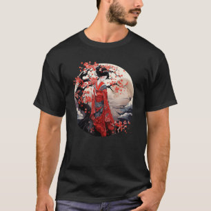 Camiseta Impressão de Arte Geisha Japonesa Tradicional Kimo