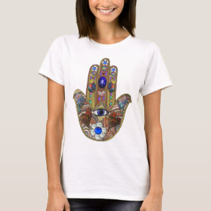 Camiseta Impressão de Arte Opala Hamsa Judaica Corações Flo