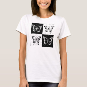 Camiseta Impressão de Bloco Verificado com Borboleta Branca