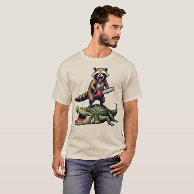 Camiseta Impressão de Crocodilo Funny Raccoon | Comprar Mem (Frente Completa)