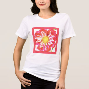 Camiseta Impressão de dália listrada de vermelho coral e br