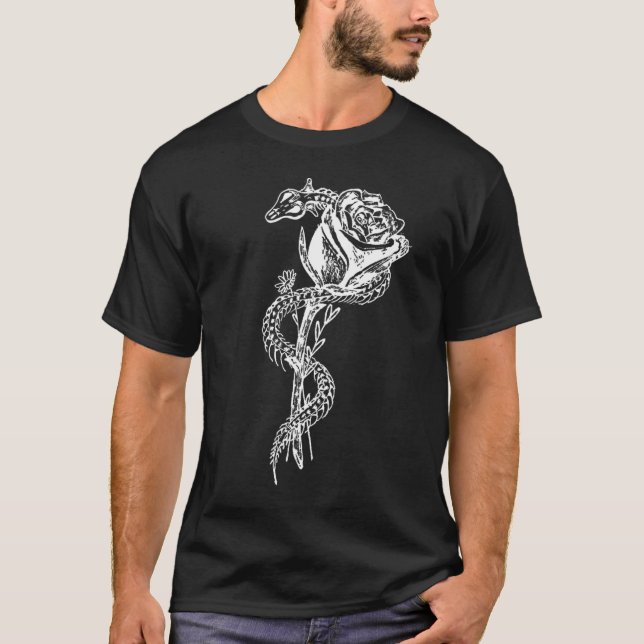 Camiseta Impressão de esqueleto do cobra e do rosa (Frente)