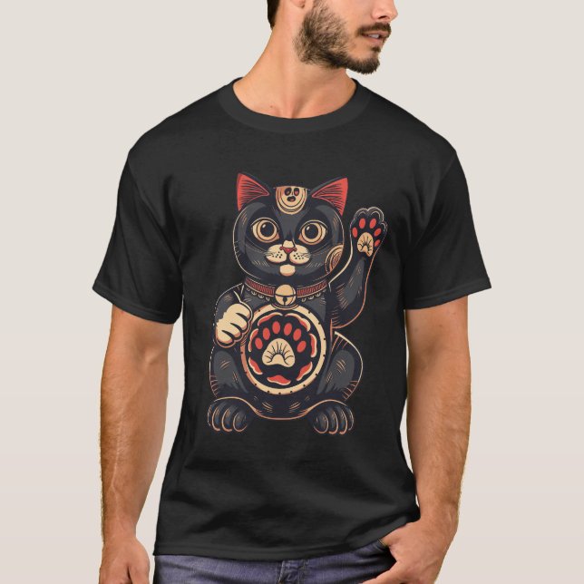 Camiseta impressão de gato Maneki Neko desenhado para japon (Frente)