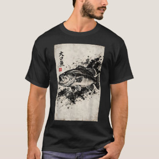 Camiseta Impressão de Gyotaku Japonês de Pescaria de Robalo