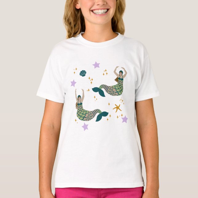 Camiseta Impressão de Ilustração do Tema Sereia Moderna (Frente)