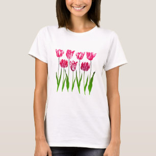 Camiseta Impressão de Jardim das Tulipas em Rosa e Verde de