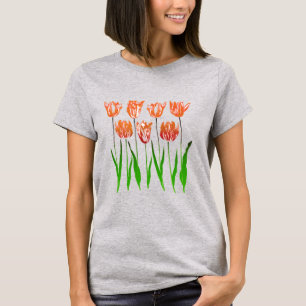 Camiseta Impressão de Jardim Tulip em Laranja Coral e T-Shi