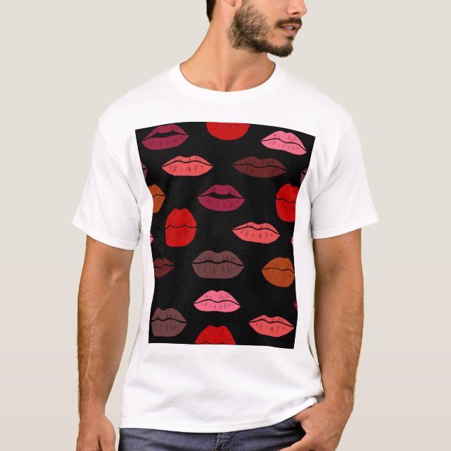 Camiseta Impressão de lábios, beijos rosas vermelhos. (Frente)