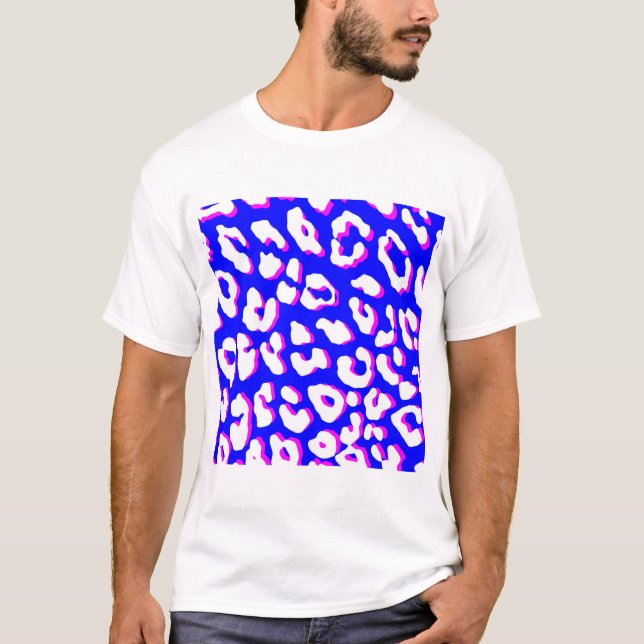 Camiseta Impressão de Leopardo Branco Azul Rosa (Frente)