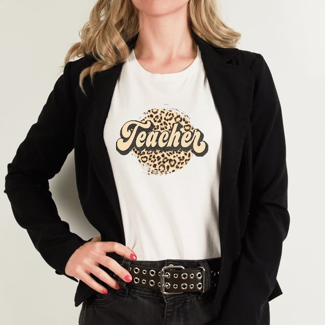 Camiseta Impressão de Leopardo Retro I Professora Fofa (Retro Leopard Teacher T-Shirt)