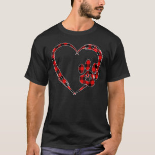 Camiseta Impressão de Pata Xadrez Vermelho Coração Dia dos