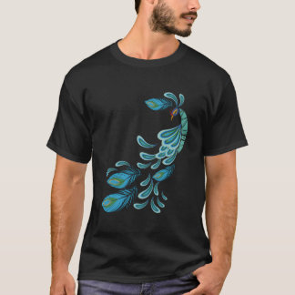Camiseta Impressão de Pavão Azul com Penas Turquesa I Pavão