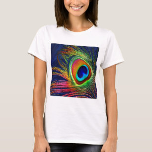Camiseta Impressão de Pena de Pavão Colorida