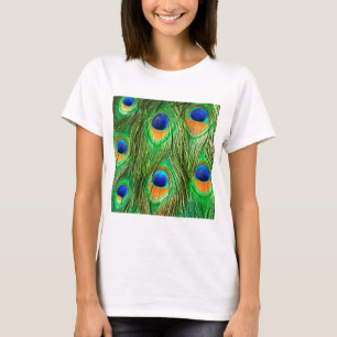 Camiseta Impressão de Penas de Peacock Coloridas