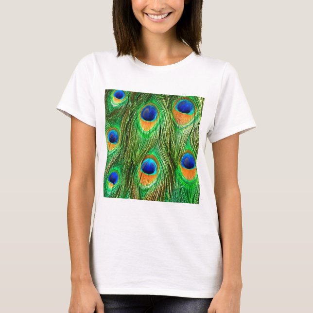 Camiseta Impressão de Penas de Peacock Coloridas (Frente)