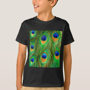 Camiseta Impressão de Penas de Peacock Coloridas