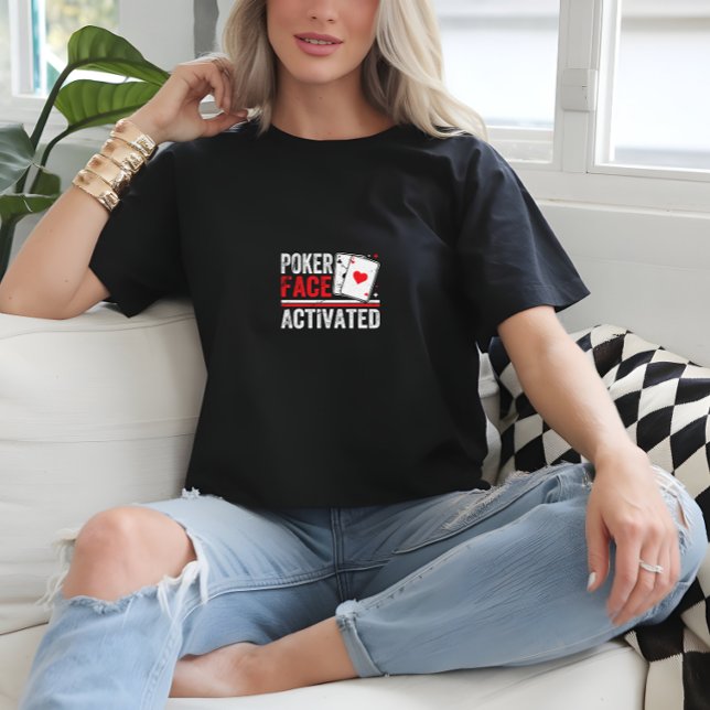 Camiseta Impressão de Poker Legal Preto (Black Cool Woman Poker Face Print T-Shirt)