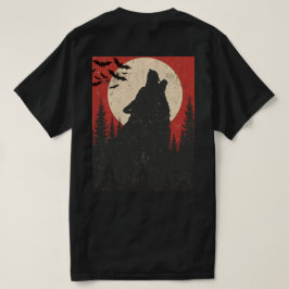 Camiseta Impressão de Terror Retro Lua Cheia Lobo Uivando