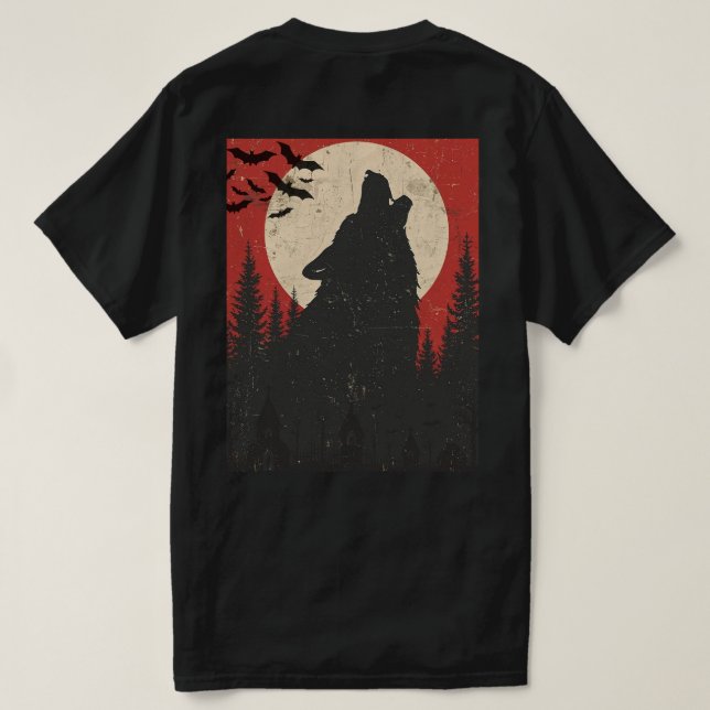 Camiseta Impressão de Terror Retro Lua Cheia Lobo Uivando (Verso do Design)