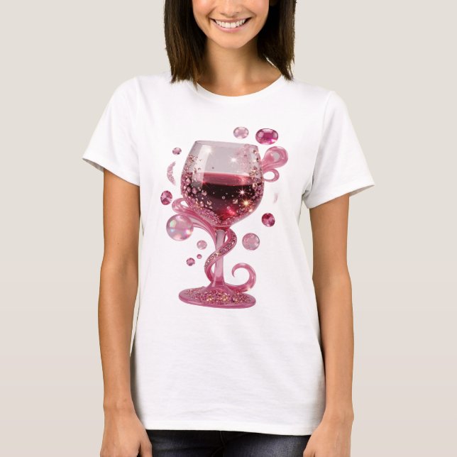 Camiseta Impressão de VINHO em COPO de VIDRO Rosa Prata Mod (Frente)